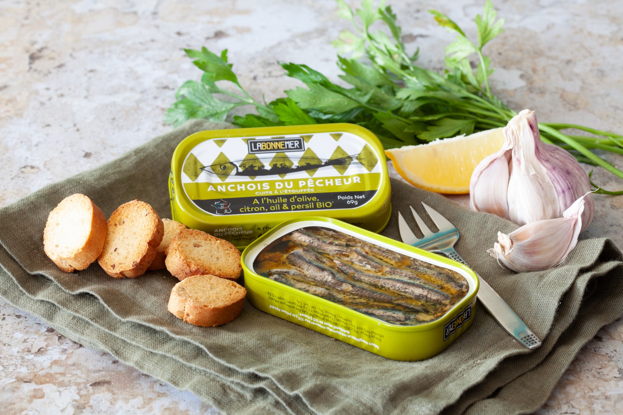 Anchois du Pêcheur, à l'huile d'olive, citron, ail et persil Bio - La Bonne Mer - 69 g